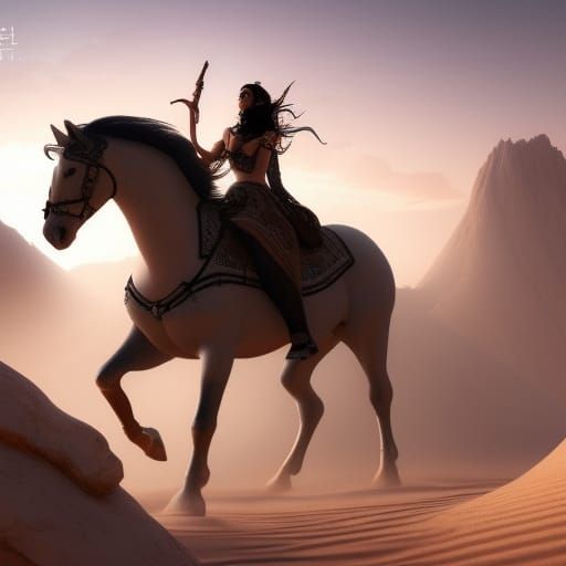 Arabian Beauty on White Horse in Desert Fantasy