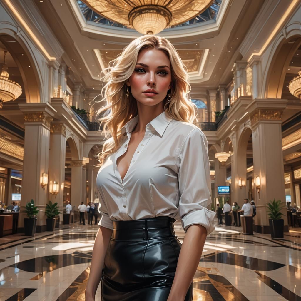 Glamorous Blonde in Vegas Lobby, Hyperrealistic Art