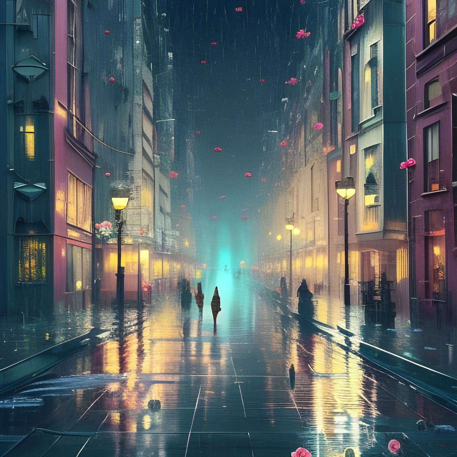 Rainy City Night with Flowers, Digital Art