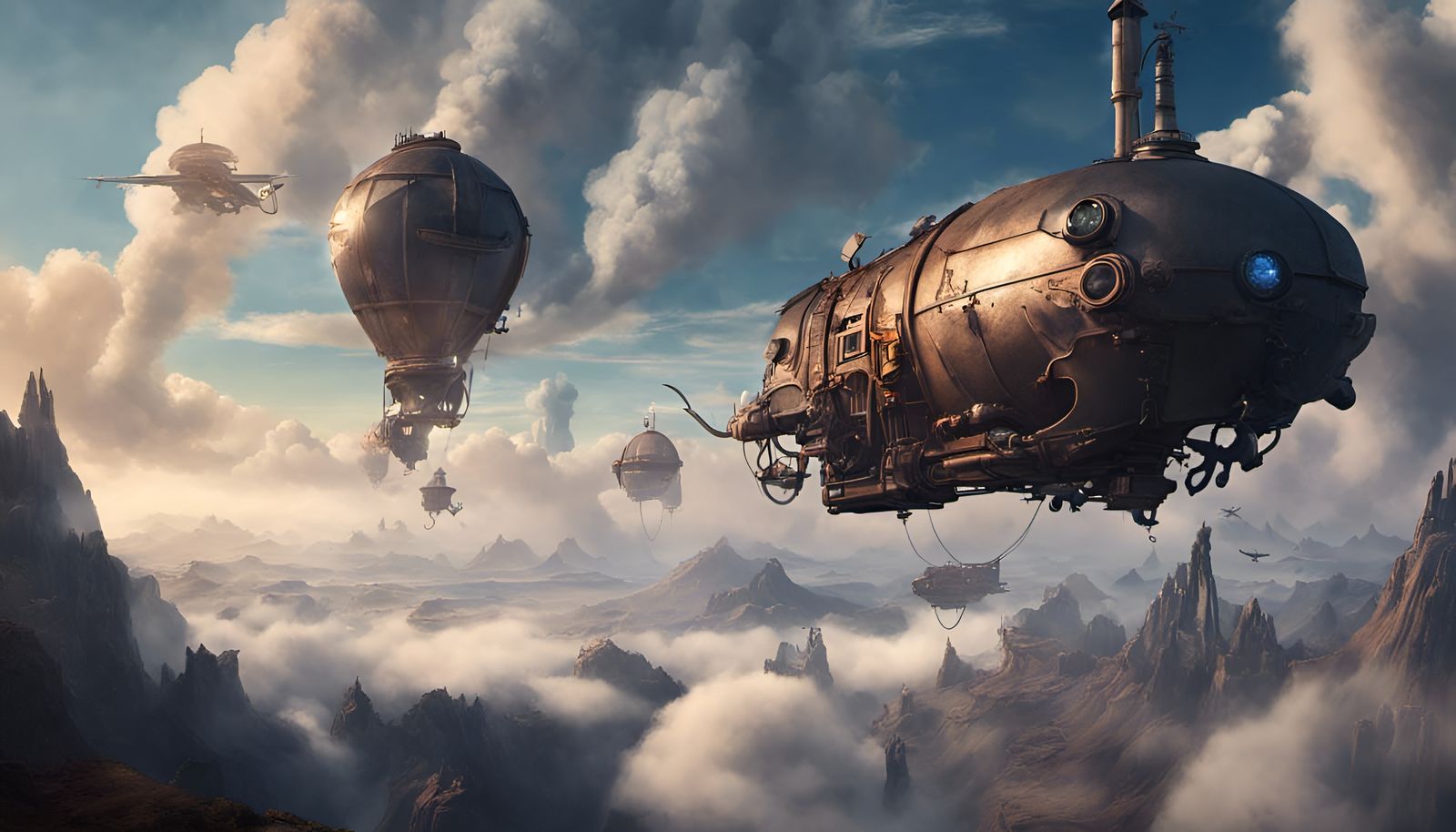Steampunk Zeppelins Above Mountain Peaks