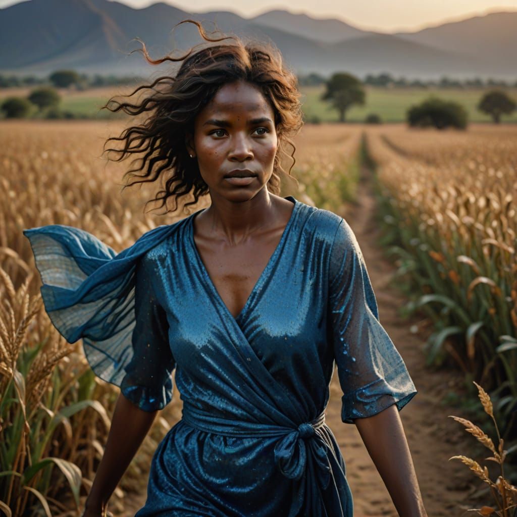 Elegant Black Woman Strolls in Autumn Fields in a Vibrant Oc...
