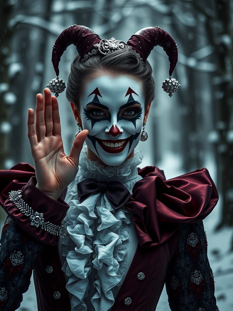 Harlequin in Victorian Attire with Sinister Smile