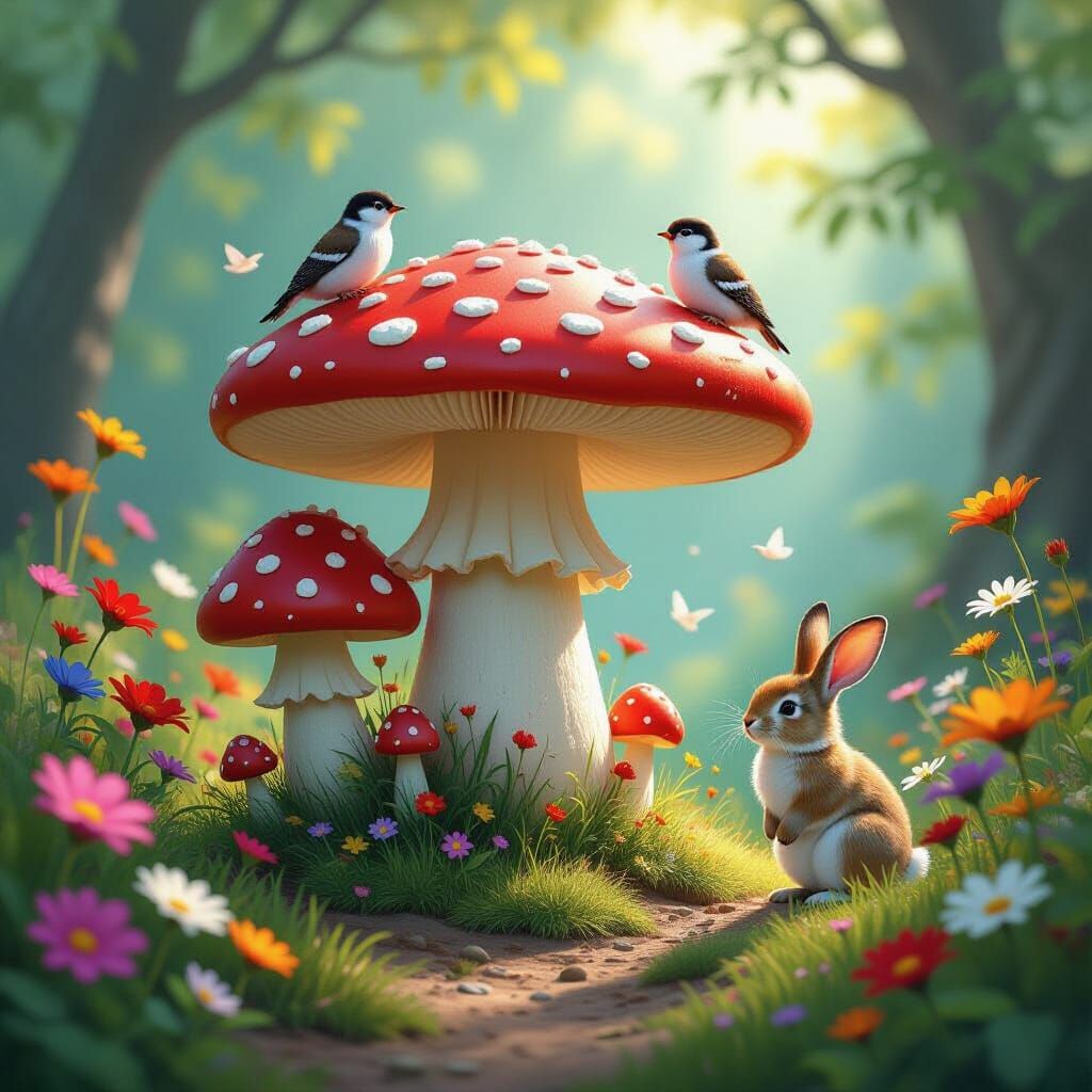 Fairytale Forest with Giant Mushrooms and Wildlife