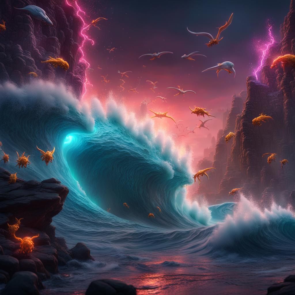 Neon Wave Creatures: Detailed Fantasy Concept Art