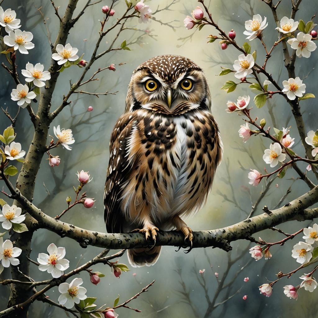 Owl in Blossoming Tree: Watercolor Painting