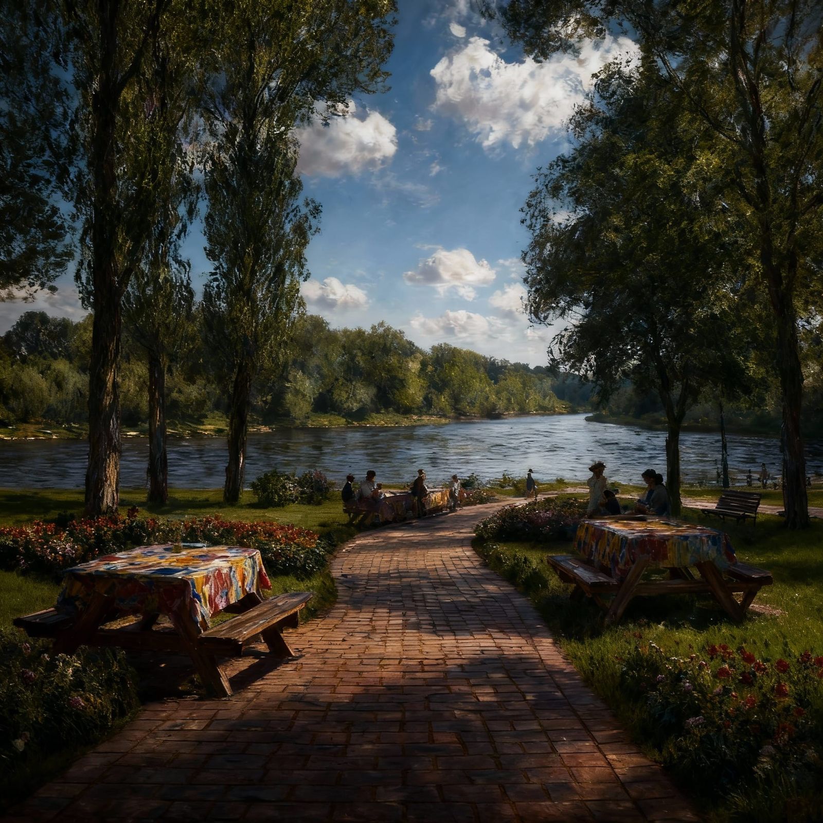 Hyperrealistic Picnic Tables Amidst Blooming Flowers and Tre...