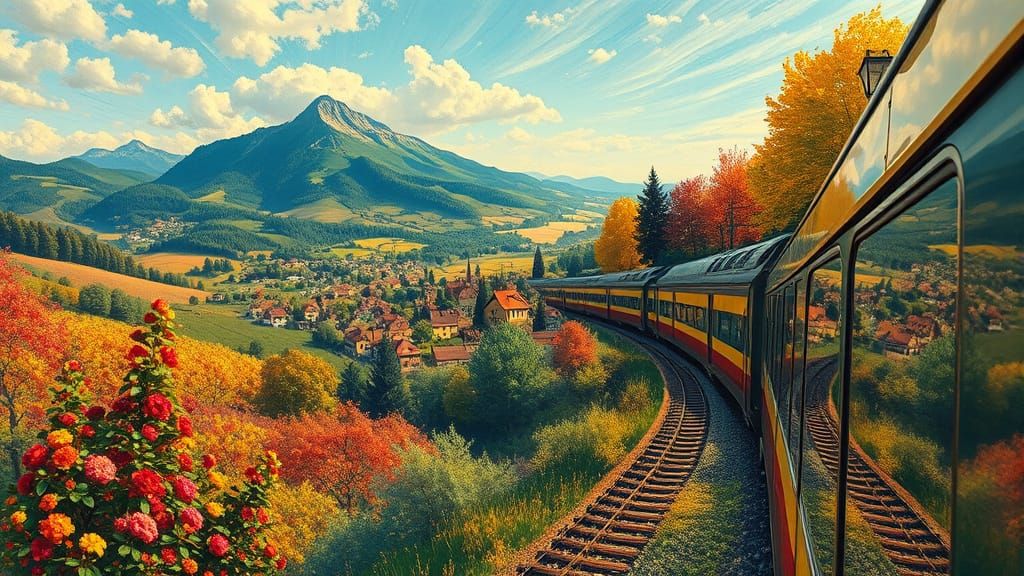 French Village Landscape with Train in Impressionist Style