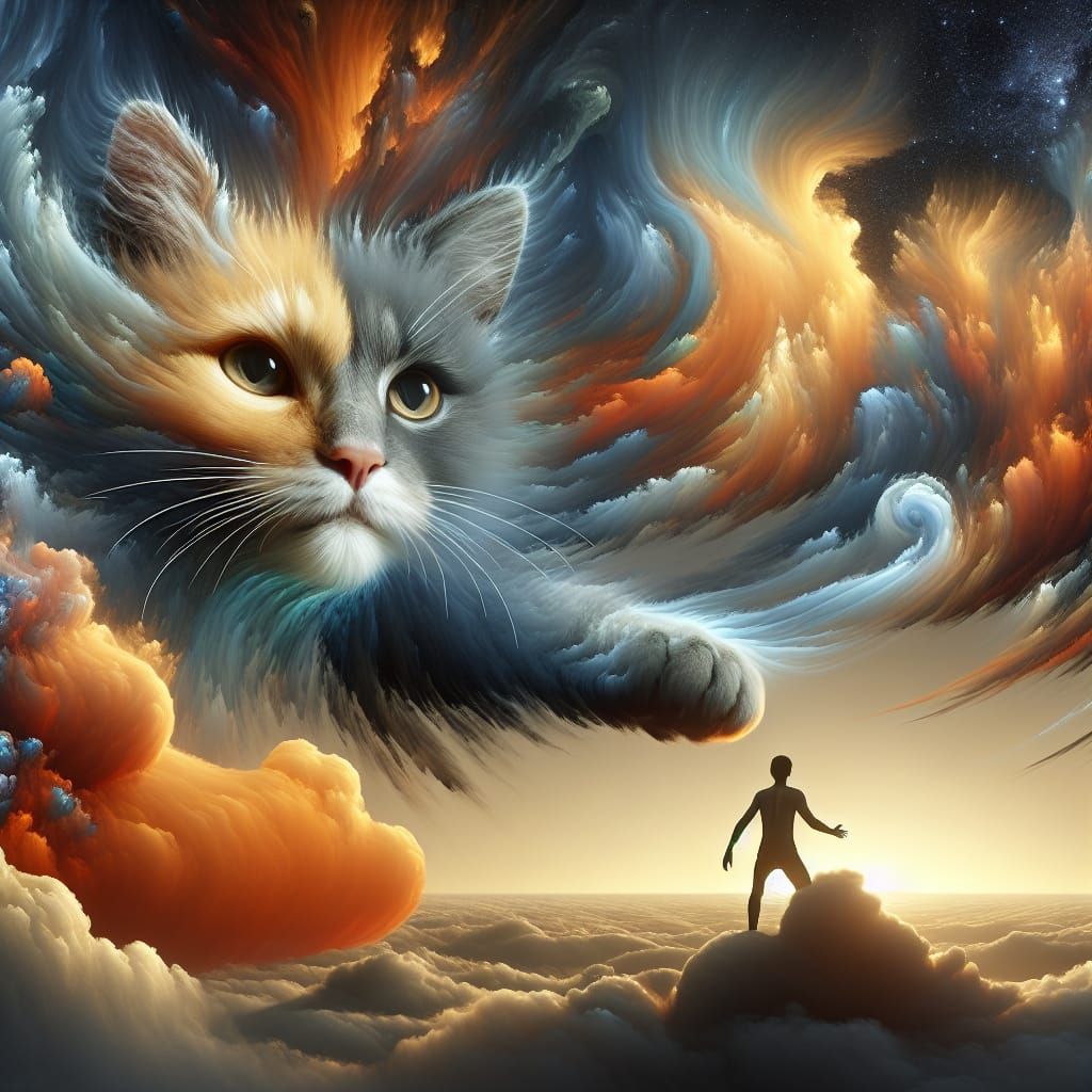 calm  energy of the sky as cat ,  playful encounter with human Hyperrealistic, splash art, concept art, mid shot, intric...