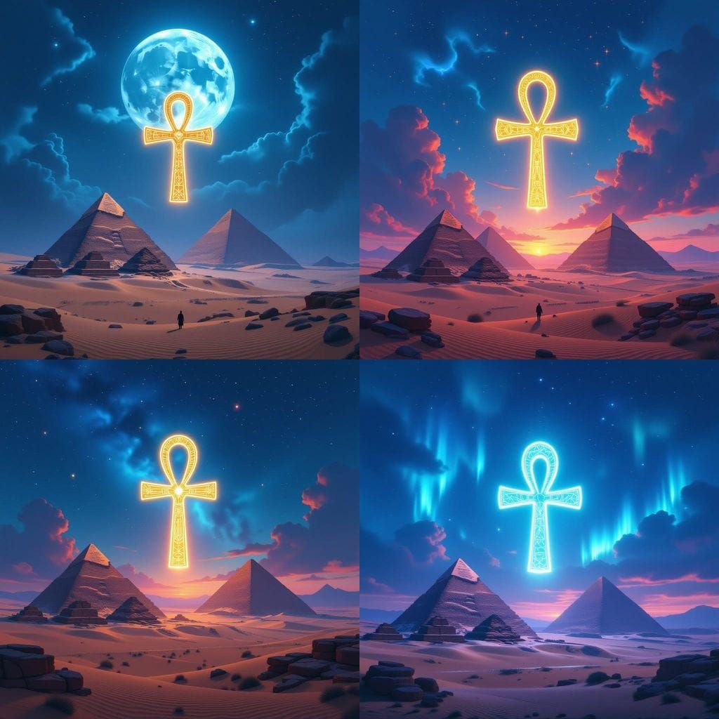 Ethereal Cosmic Ankh Over Ancient Pyramids
