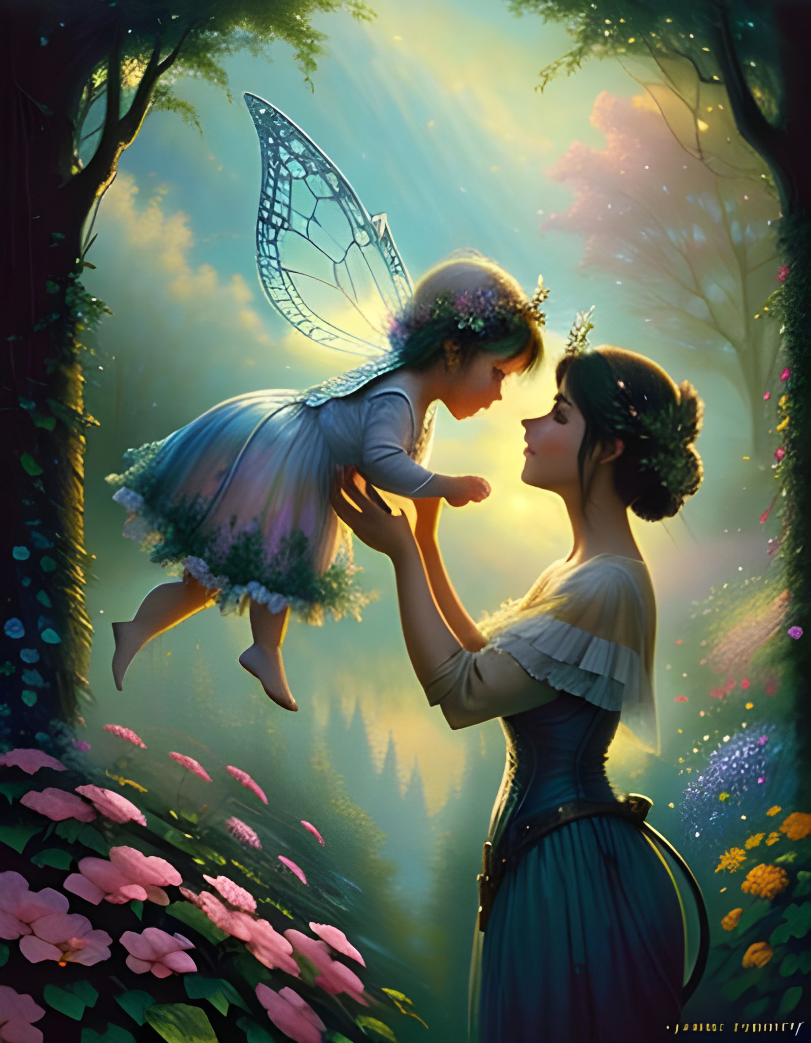 Fairy Mother and Child in Ethereal Garden
