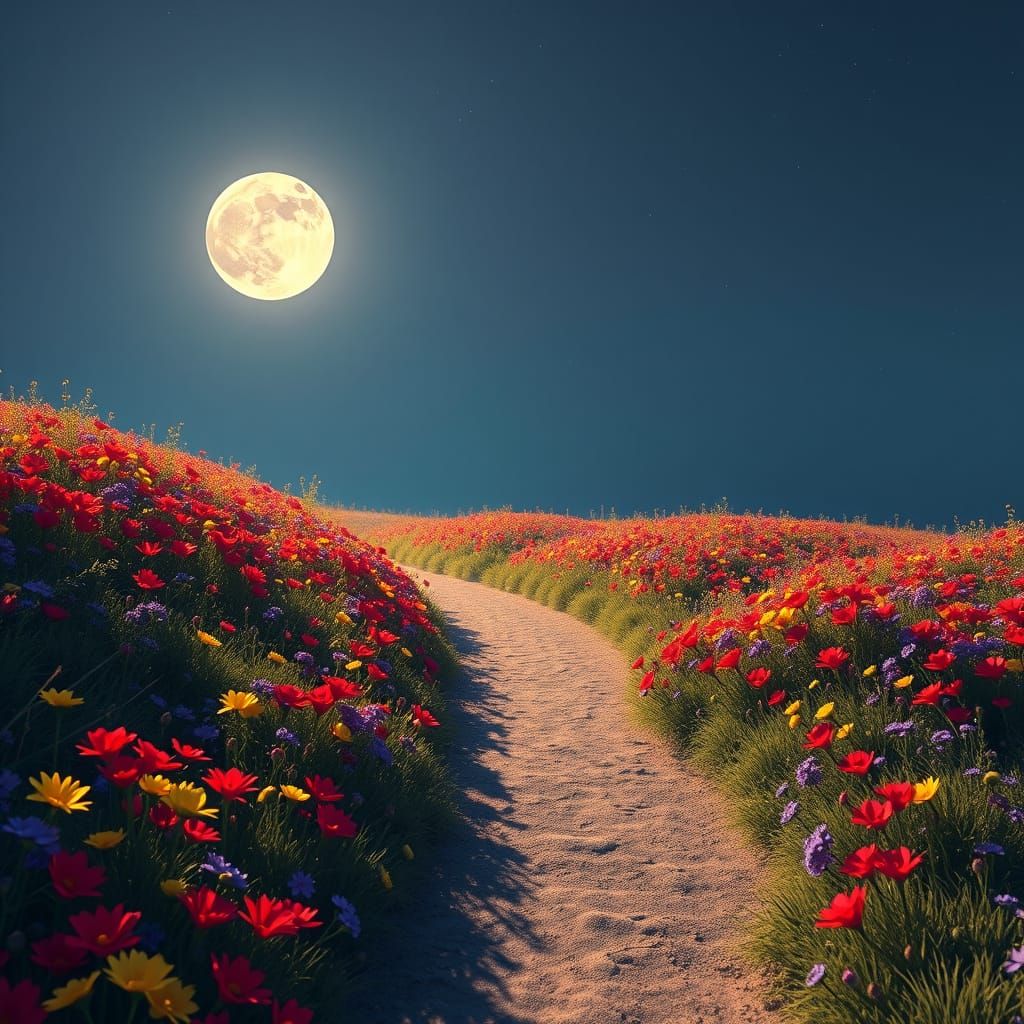 Serene Wildflower Moonlit Path in Vibrant Hues