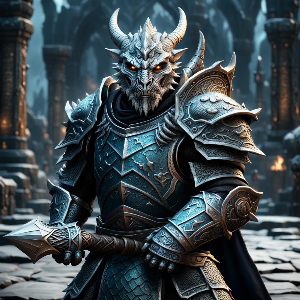 Silver Dragonborn Paladin with Mace: Fantasy Art