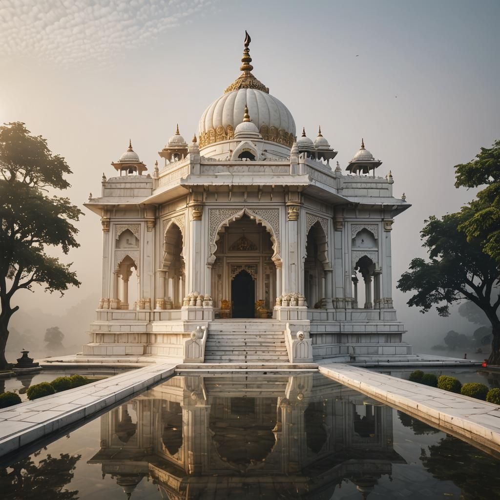 Majestic Marble Temple in Misty Landscape