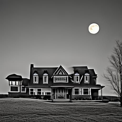 Abstract House with Turrets Under Full Moon