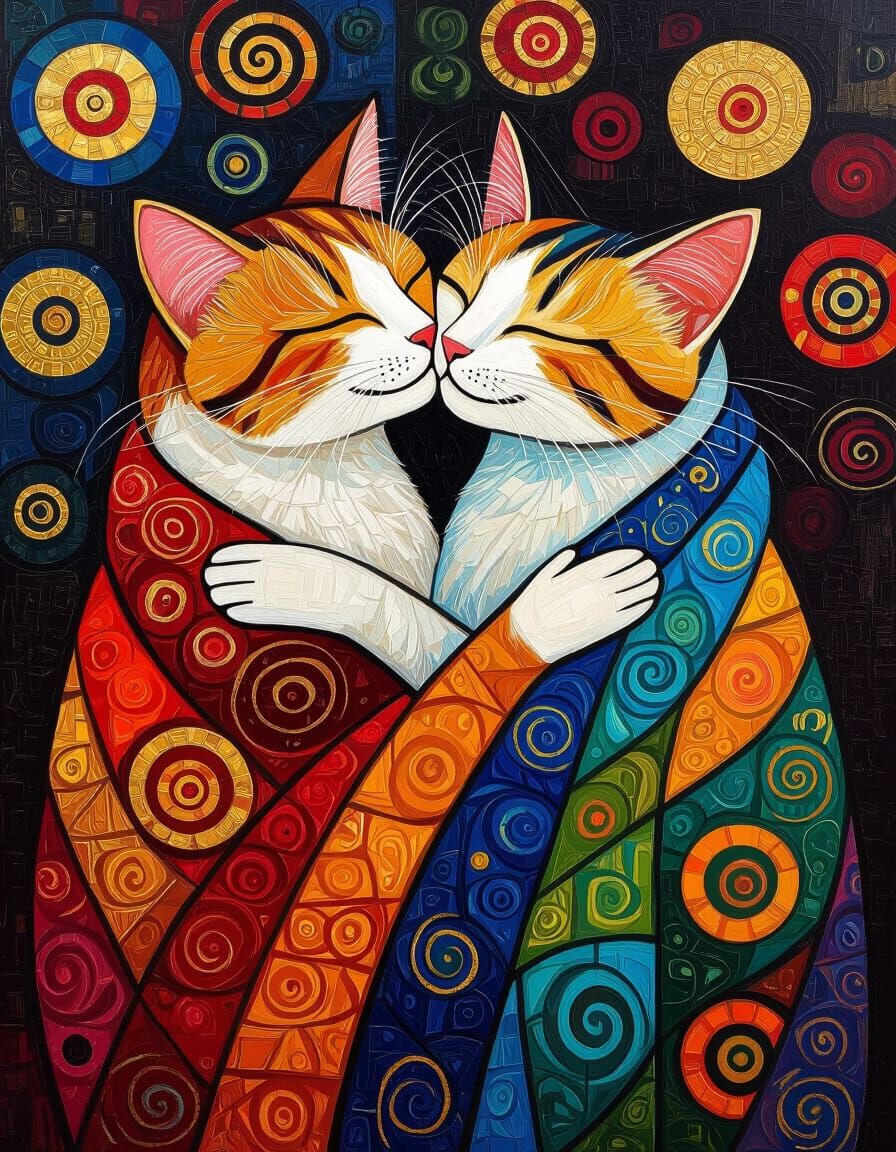 Two Cats Kissing, Impasto Style with Gold Accents