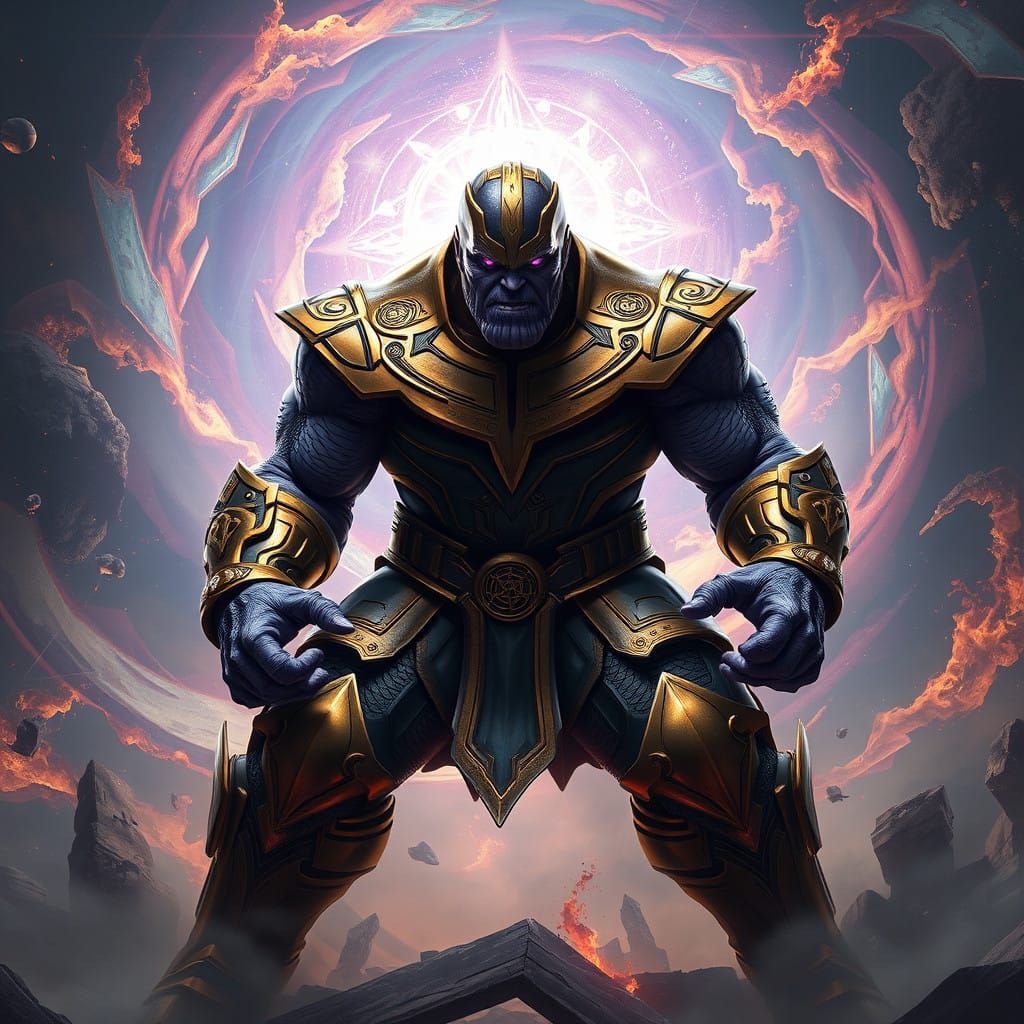 Brooding Thanos in Ornate Armor, Unleashing Cosmic Energy