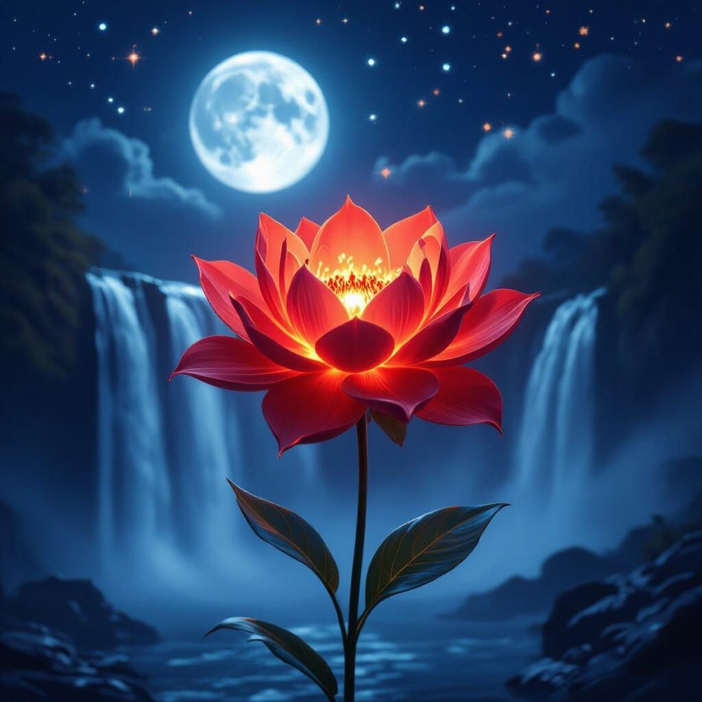Crimson Flower Floating by Moonlit Waterfall
