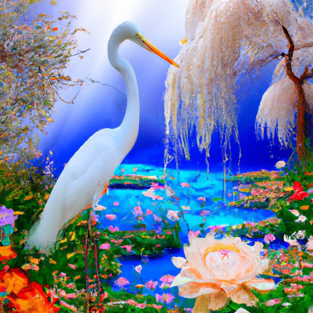 Fantasy Flowers Meet Heron by River