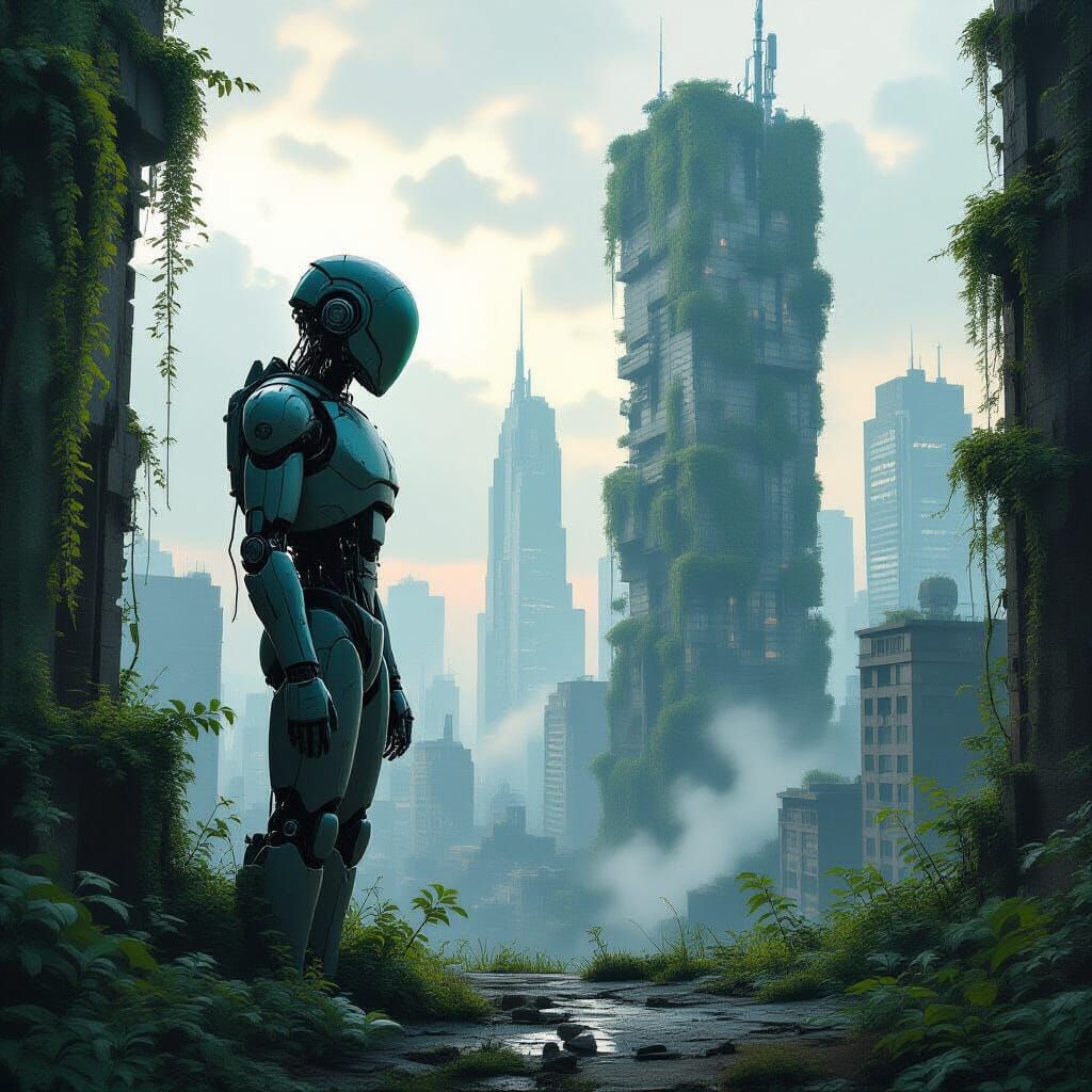 Android in Overgrown Cityscape