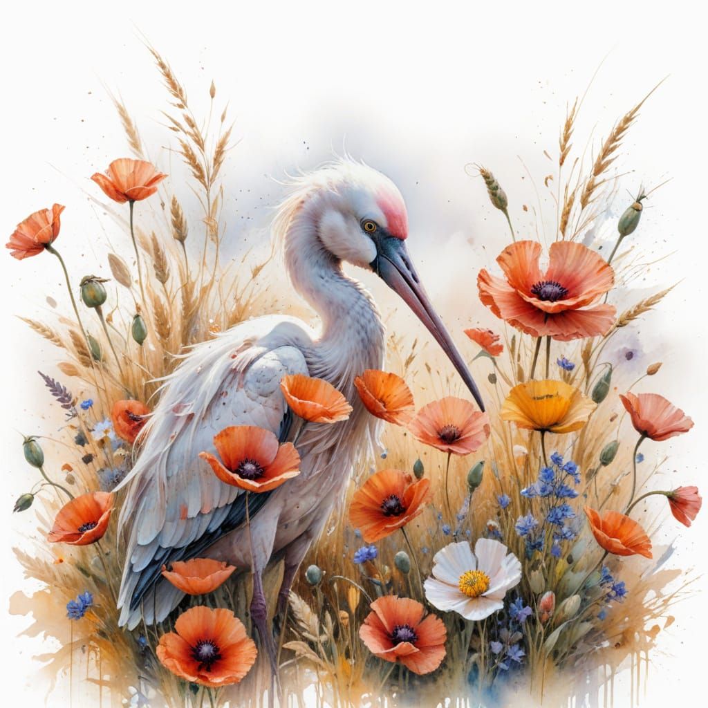 Spoonbill in Tuscan Field, Impressionistic Watercolour