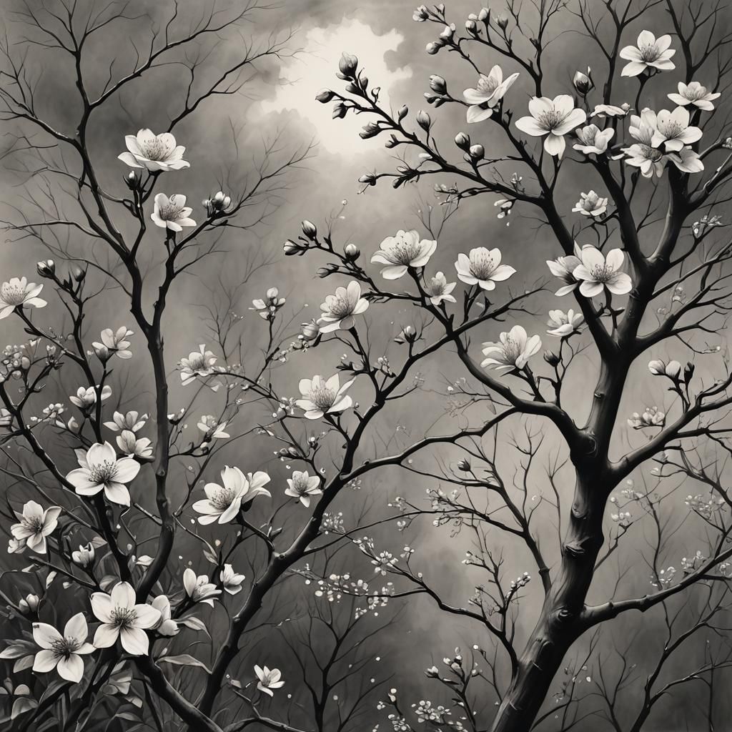 Poignant Charcoal Drawing of Blossoms and Longing