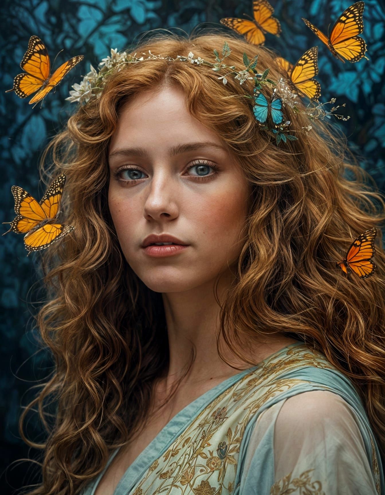 Hyper-Realistic Woman with Vibrant Butterflies in Ethereal O...