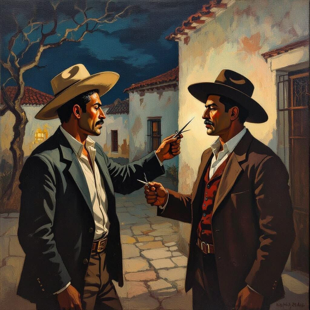 Mexican Revolution Scene: Stabbing in Oil Painting Style