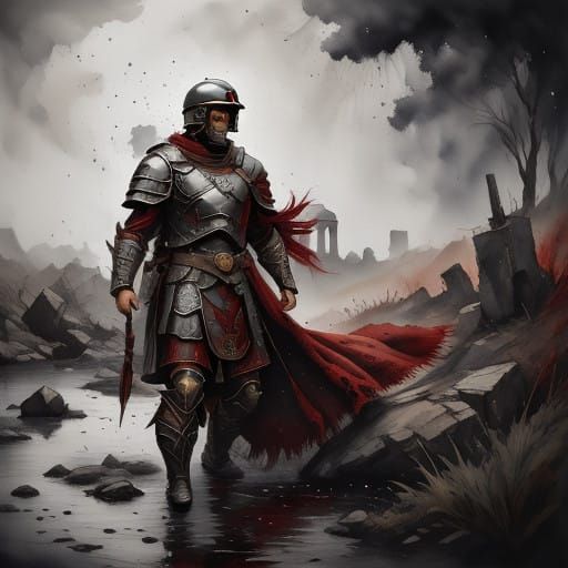 Roman Soldier Amidst Ancient Ruins in Moody Waterinkcolor Pa...