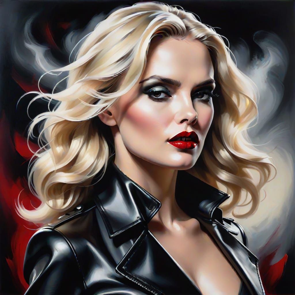Sultry Oil Painting of a Blonde Woman in Black Leather