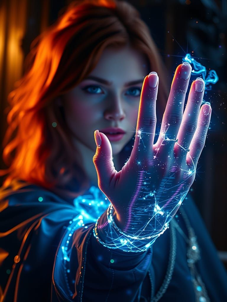 Redhead Sorceress Casting a Glitchy Spell, Digital Matte Pai...