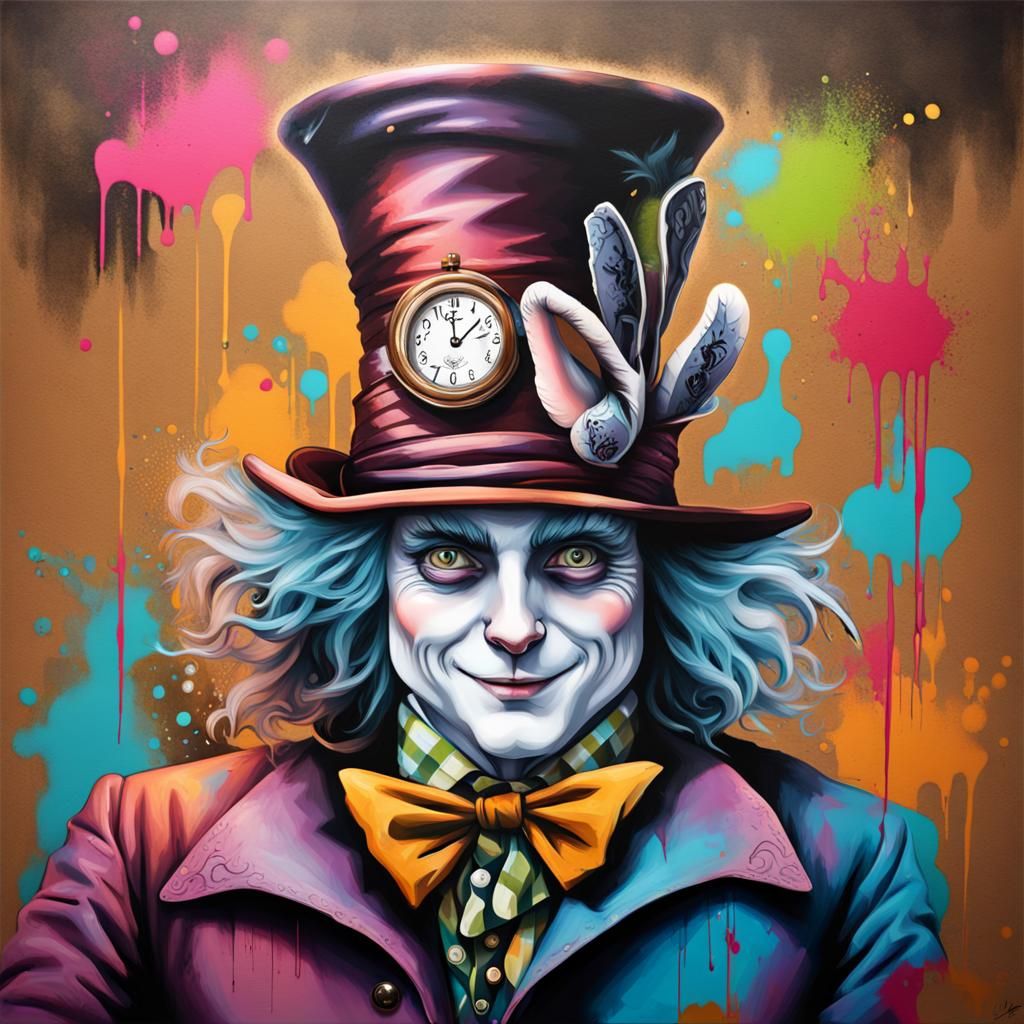 Mad Hatter, Rabbit, and Clock in Graffiti Art