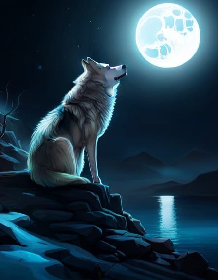 Wolf Gazing at Stars in Art Nouveau Style