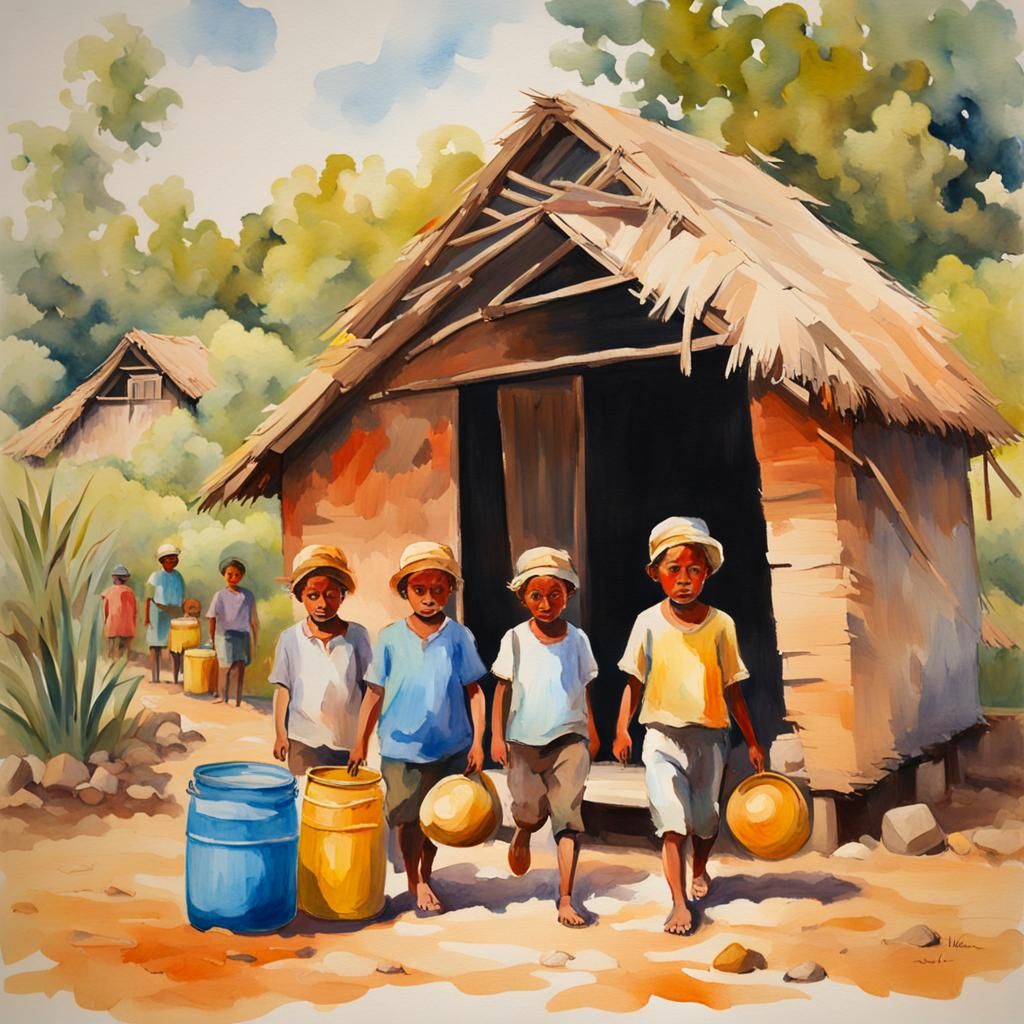 Children at a Hut: Gouache Impressionist Painting