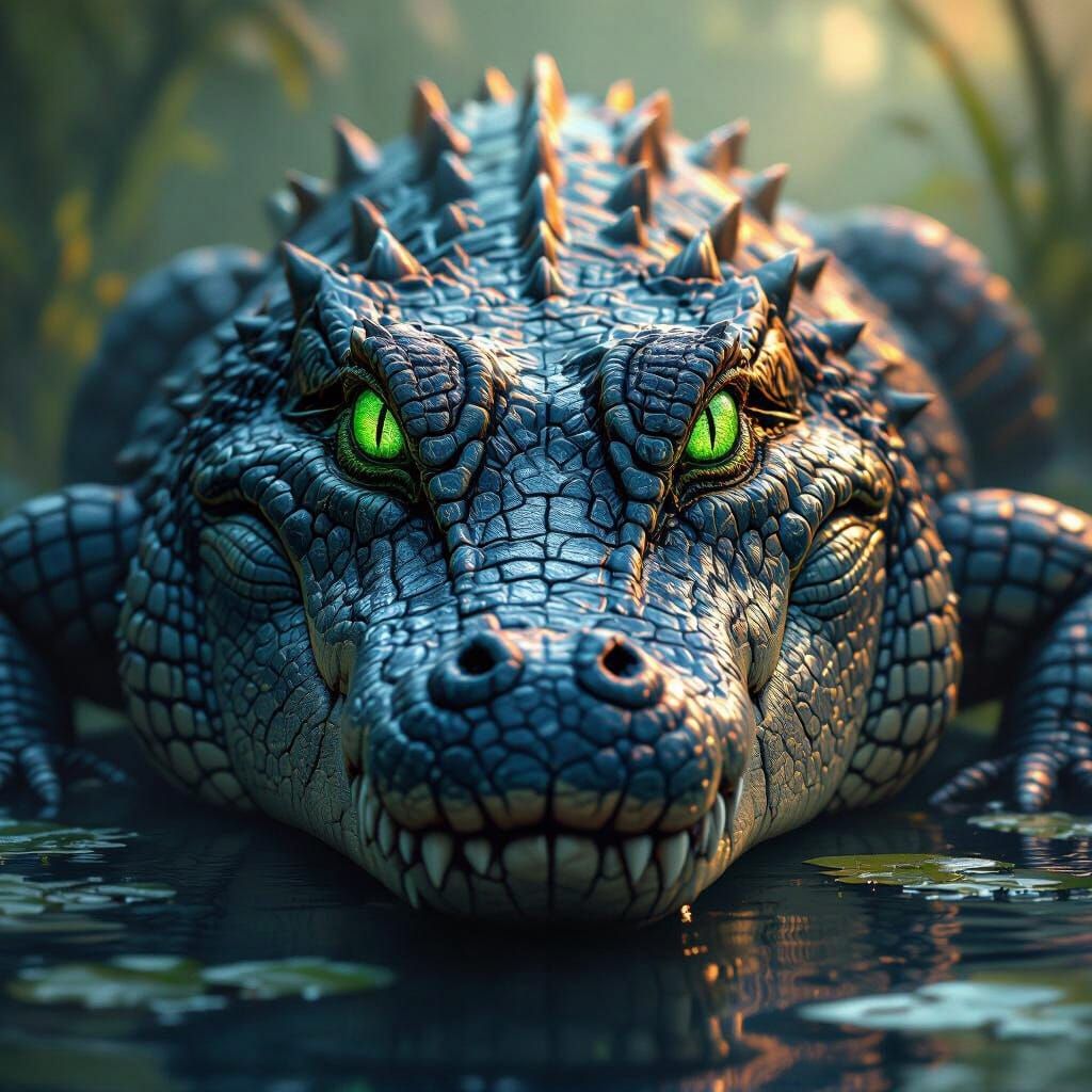 Majestic Crocodile with Emerald Eyes in Dramatic Matte Paint...