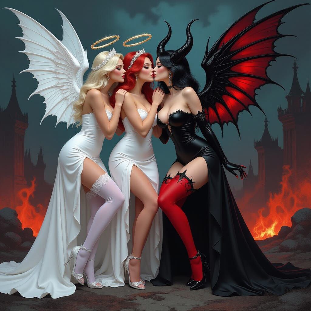 Angelic Ladies Kiss Demon in Hell, Dark Fantasy Art