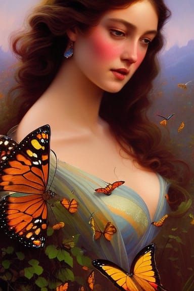 An oil painting of a curvaceous brunette who is attracting butterflies