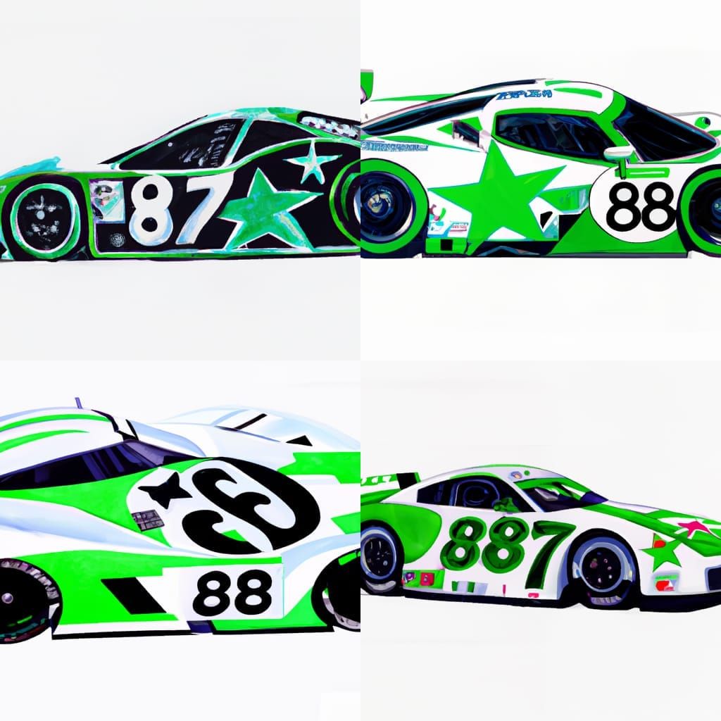 White Race Car with Green Star Logo: Gouache Painting