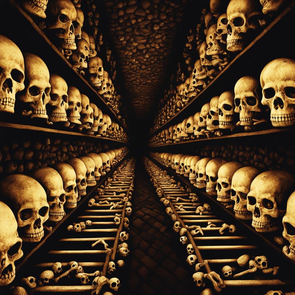 Gothic Ossuary of Bones in Flickering Torchlight