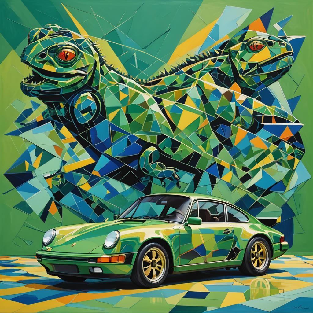 Lizard Green Porsche 911 in Cubist Geometric Style