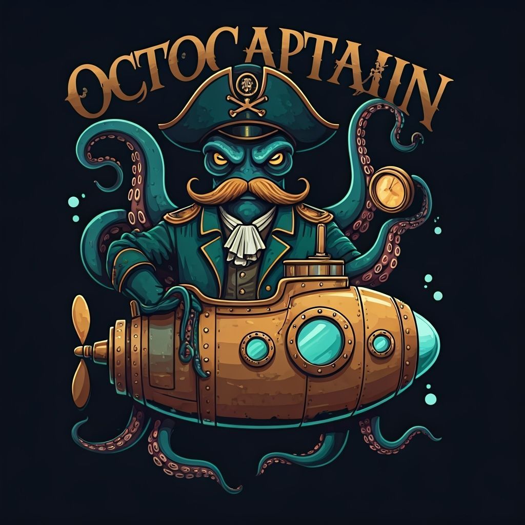 OctoCaptain Steampunk Submarine Cartoon Illustration
