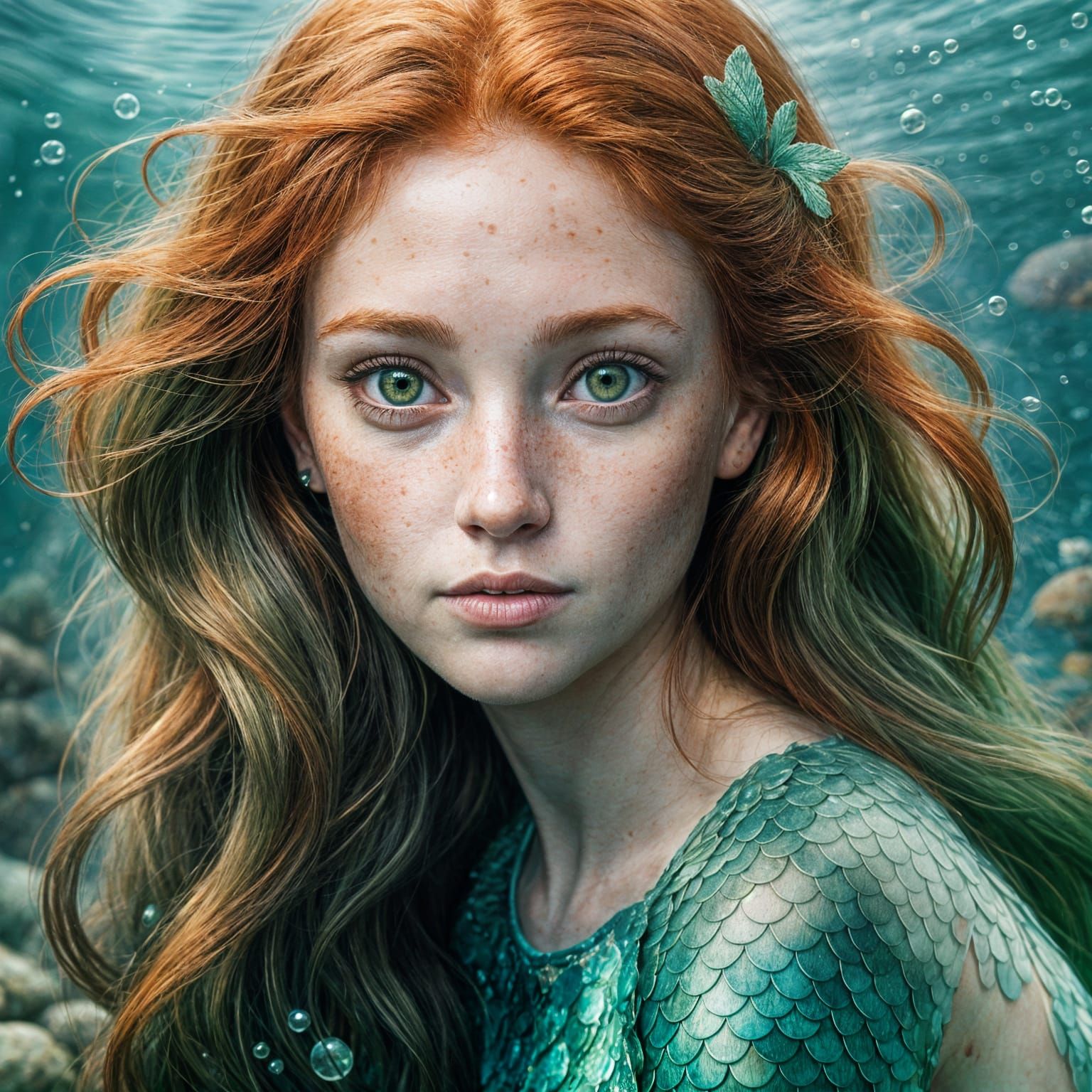 Freckled Redhead Mermaid in an Enchanted Sea