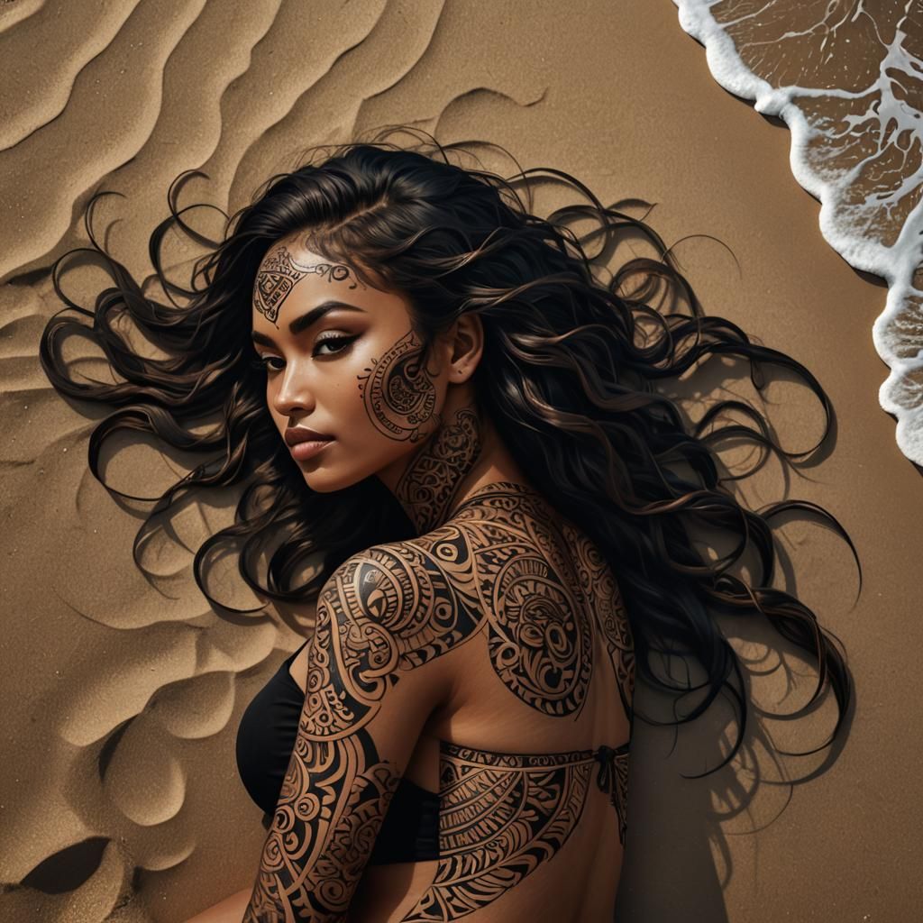 Maori Girl with Tattoo on Beach in Zentangle Style
