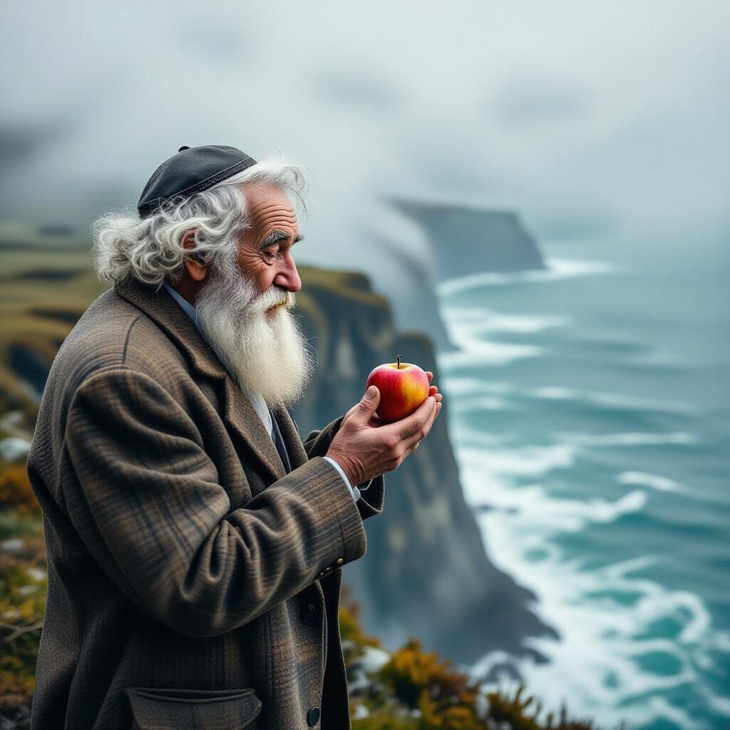 Elderly Man Contemplates Turbulent Sea on Cliff Edge