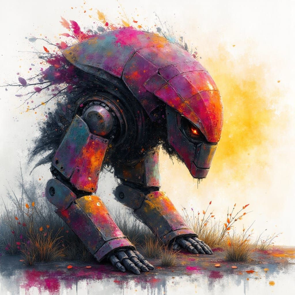 Weathered Robot Rises at Spring Sunrise in Charcoal and Wate...