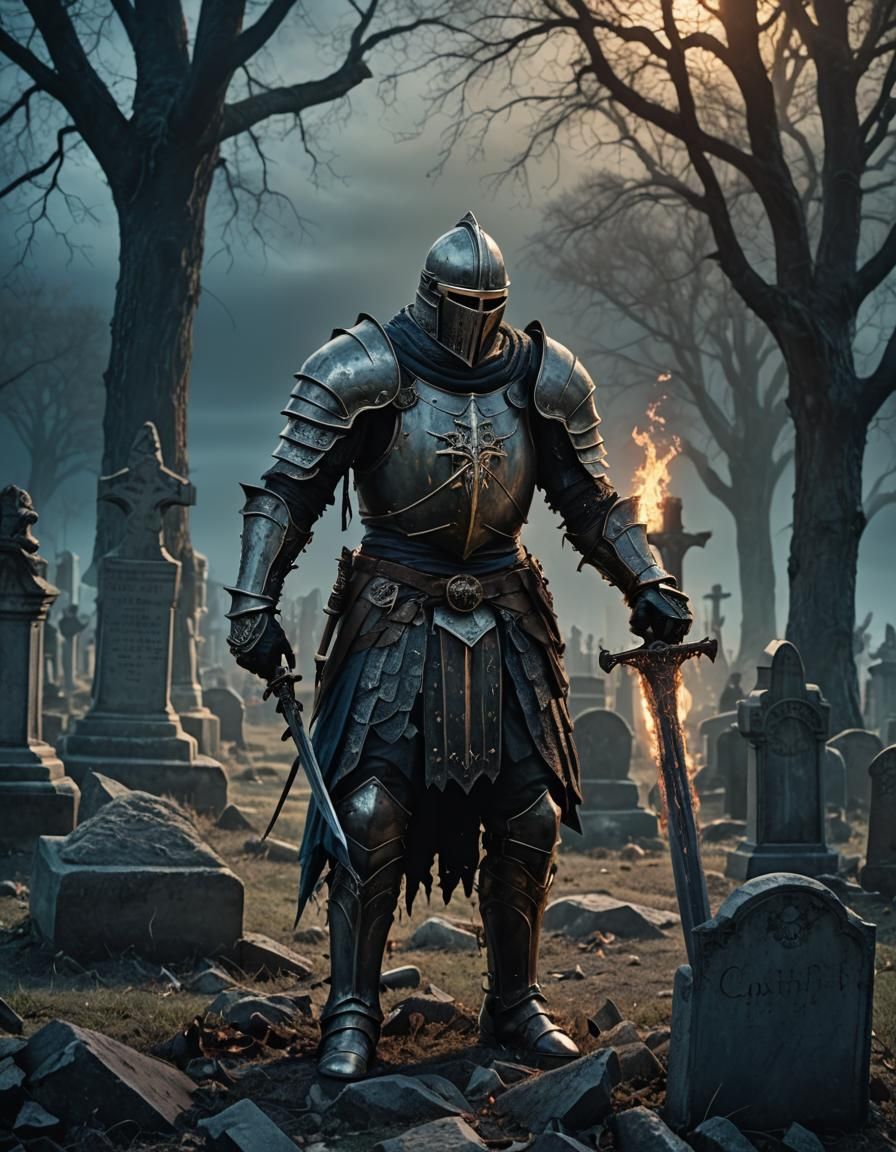 Undead Knight in Cemetery: Dark Fantasy Horror Art