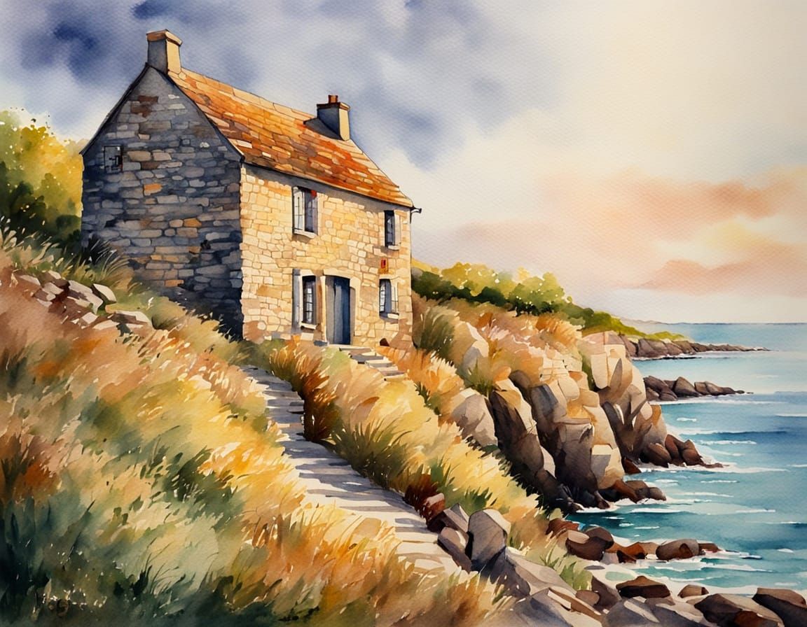 Breton House at Sunset: Impressionist Watercolor Painting