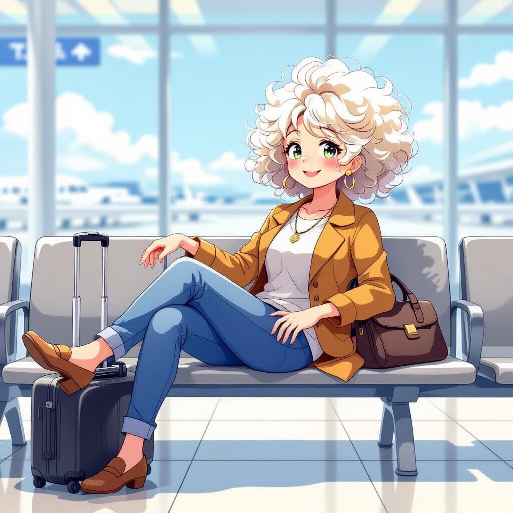 Whimsical Anime Grandma Awaits Adventure at Airport