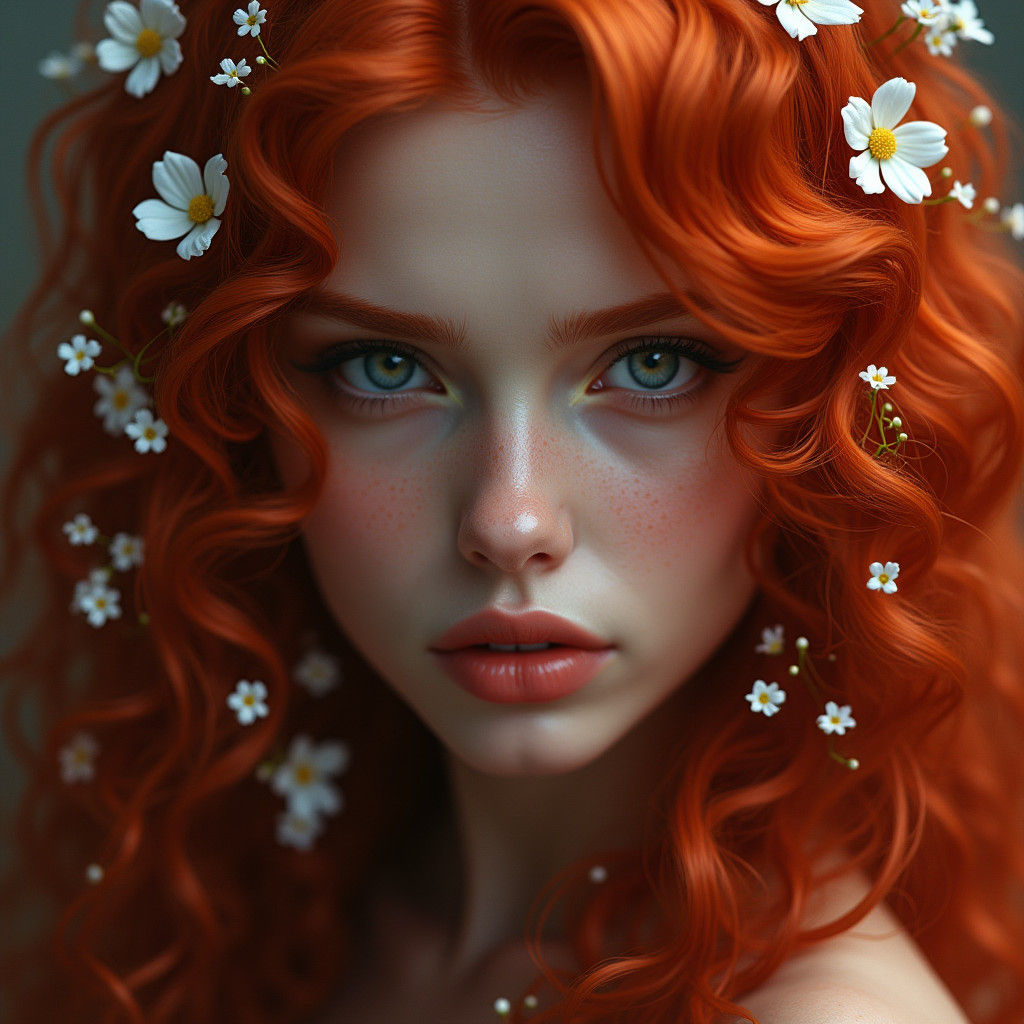 Beautiful Woman with Red Hair and Flowers: Detailed Portrait