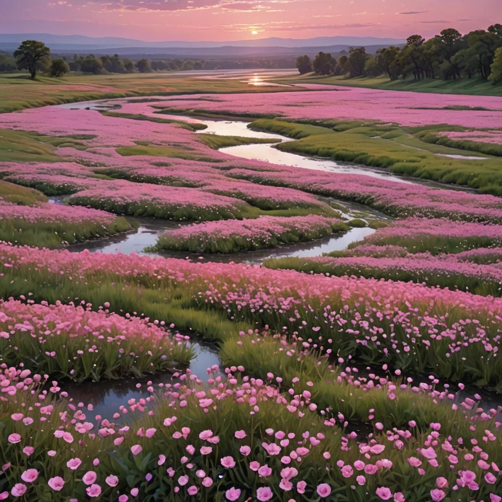 Pink Flower Field at Sunset