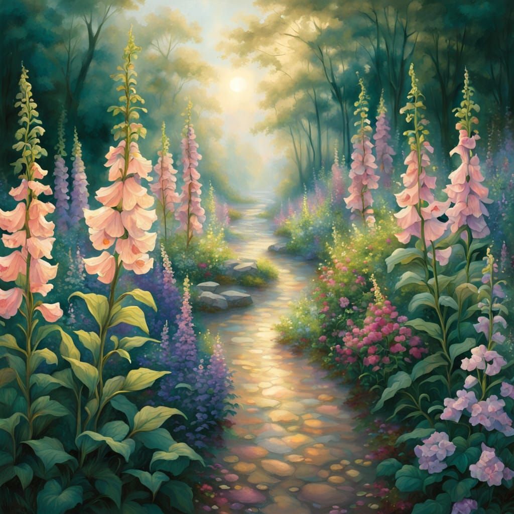 Dreamy Cottage Garden Scene in Soft Pastels